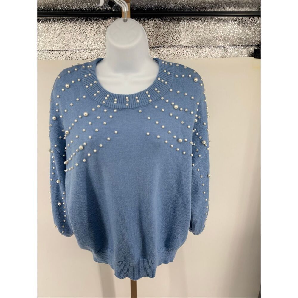 Anniewear Pearl Beaded Sweater Women’s L Crew Neck Embellished Blue